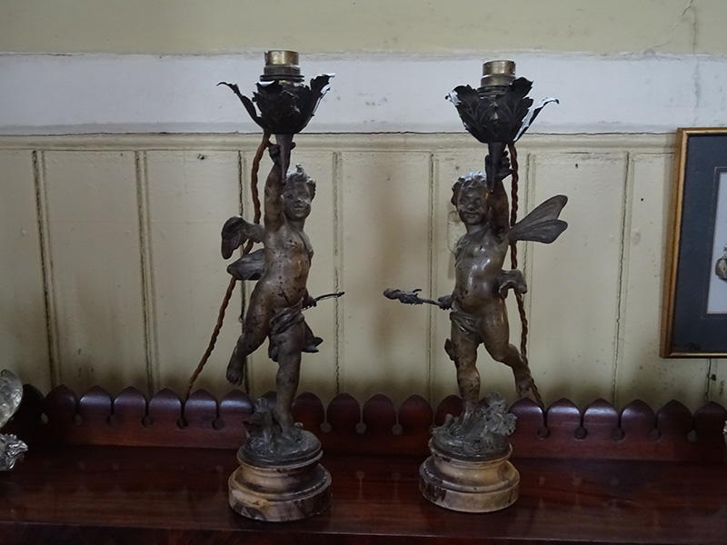 Pair 19th century Eutrope Bouret bronze cherub lamps